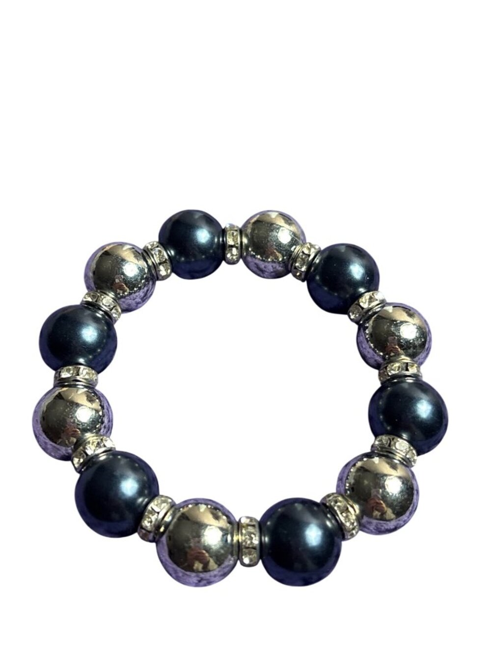 Navy Blue Silvertone Clear Rhinestone Stretchy Bracelet 6 inches Unstretched